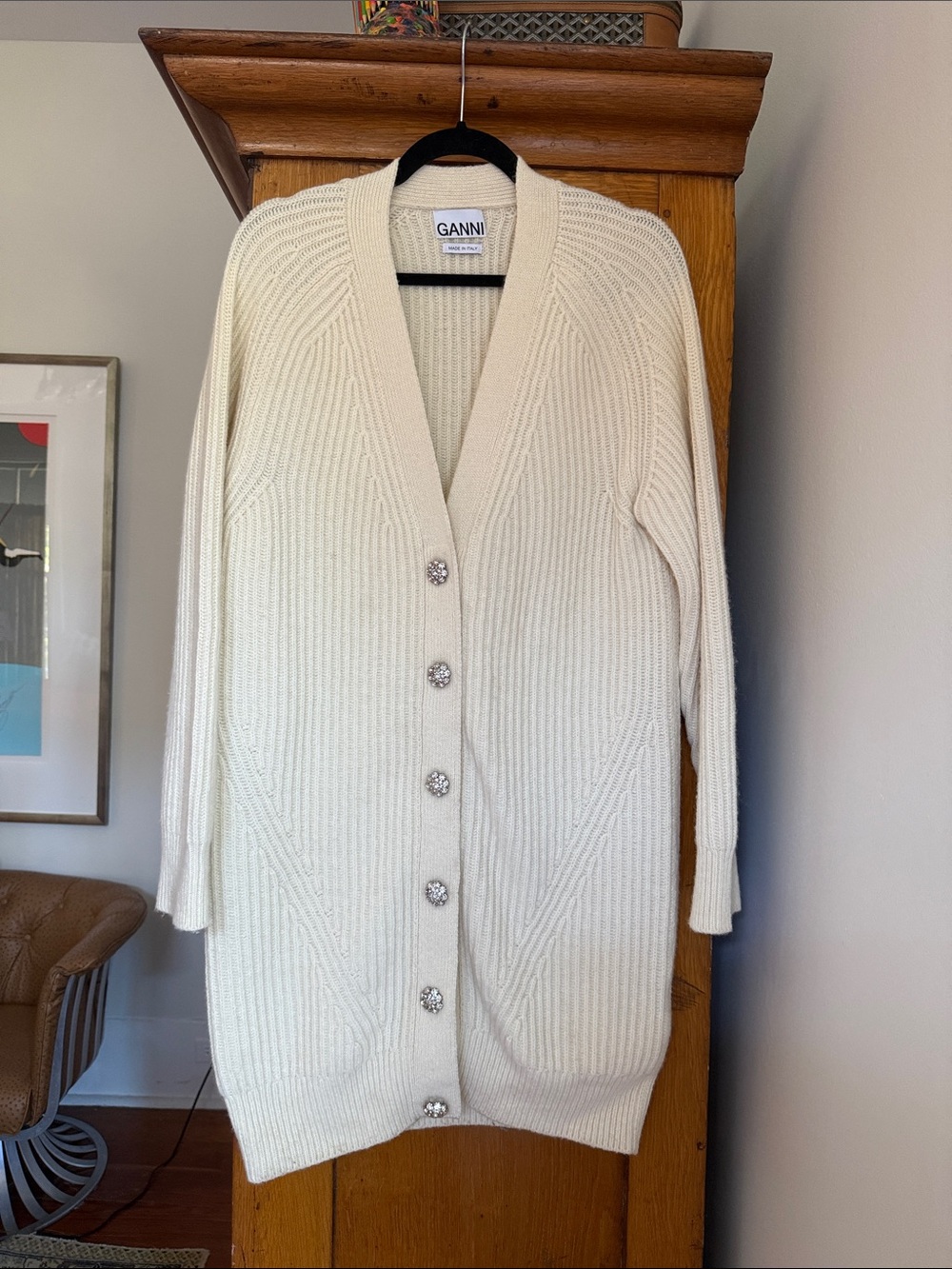 Ganni Ivory Ribbed Extra Long Cardigan with Rhinestone Buttons 🌈